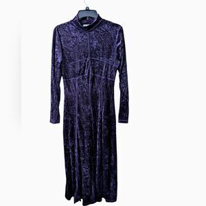 Vintage 90s Crushed Velvet Mock Neck Purple Maxi Whimsigoth Dress Size Medium